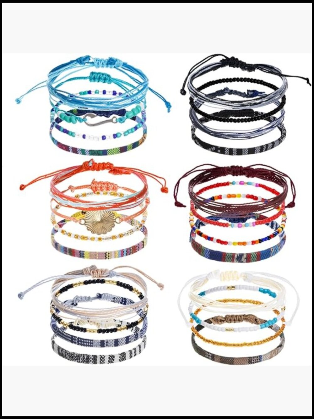 Woven Bracelet Set Adjustable Slip Knot Bohemian Strand Cotton Beach Anklets